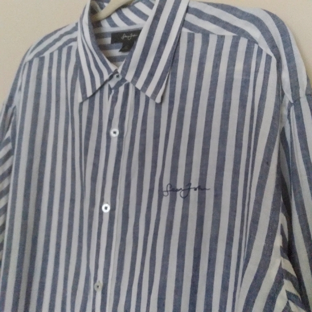 Sean Jean Linen ButtonUp Dress Shirt Nautical Blue White Striped Mens  XXL‎